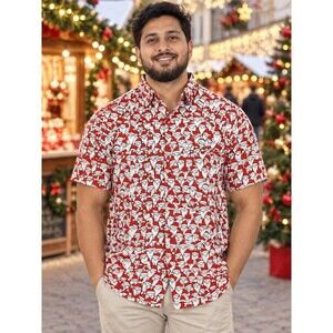 Happy Bay Santa Claus Christmas Shirt XL Red White Short Sleeve Button Up Unisex